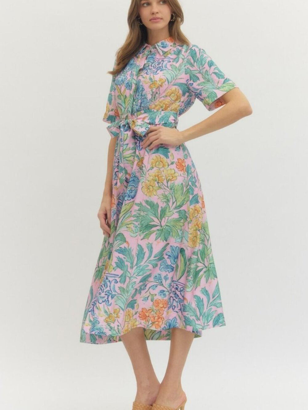 NWT Entro Pink Floral Puff Sleeve Midi Dress with Tie Waist - Picture 6 of 10